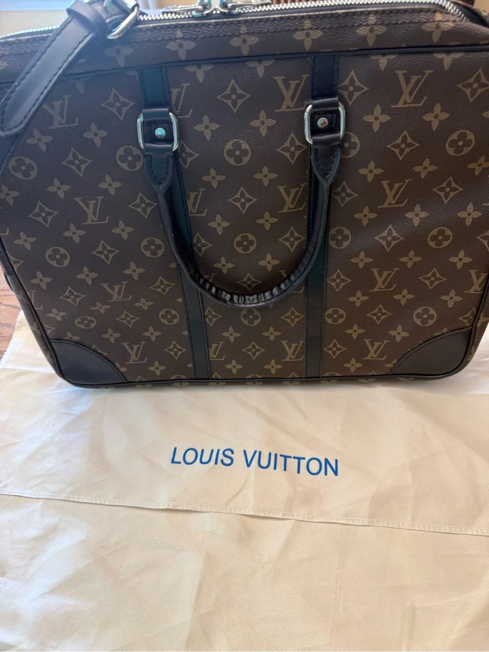 Monogram Brown Canvas Laptop Bag with Top Handles and removable strap